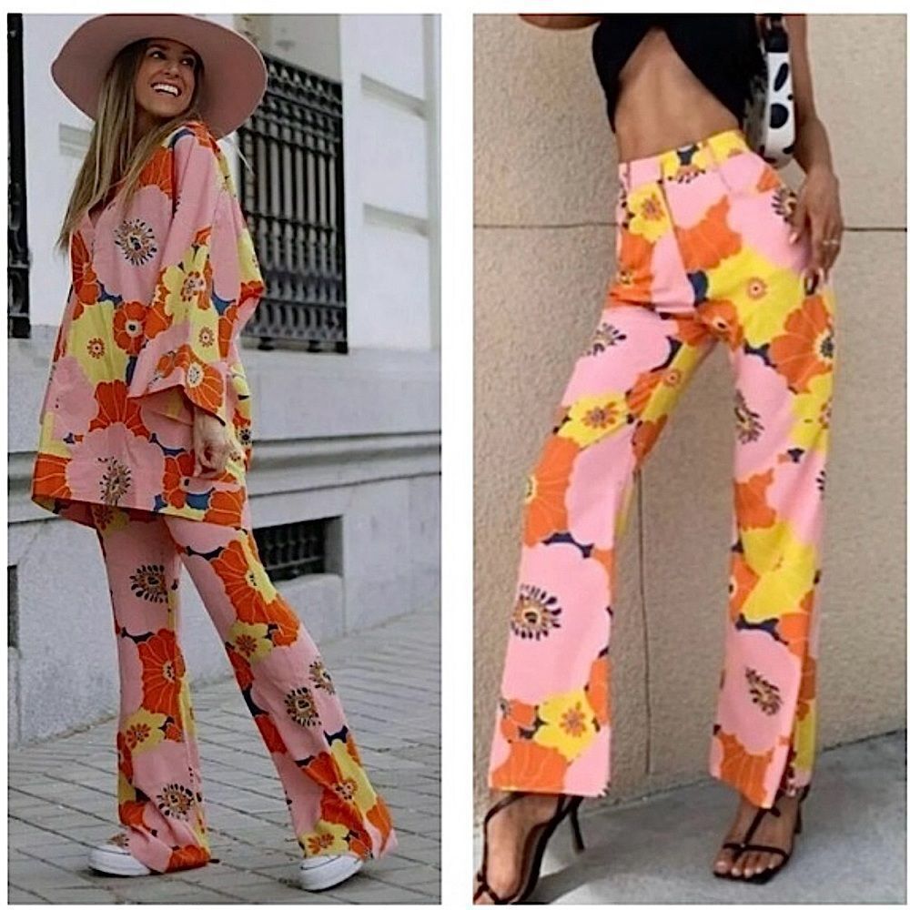 Zara Pants Multicolor Floral Print Wide Leg High Waist Trousers Size S - Picture 4 of 14